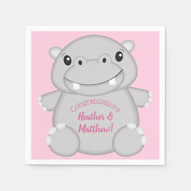 Hippo Baby Shower Pink Napkins (Front)