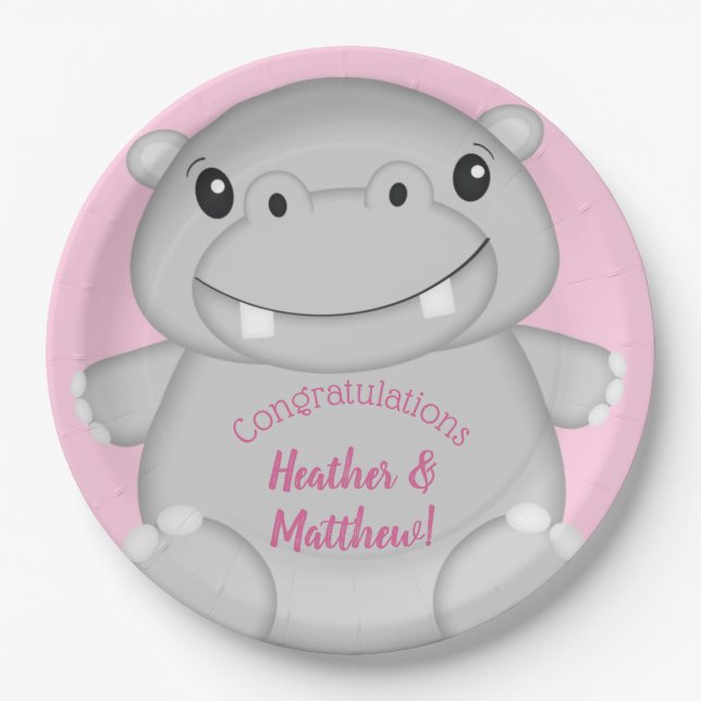 Hippo Baby Shower Pink Paper Plates (Front)