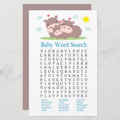 Hippo Baby Shower Word Search Game