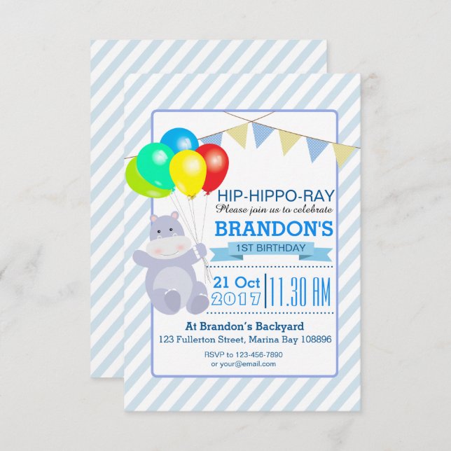 Hippo Balloons Adventure 1st Birthday Bash Invitation (Front/Back)