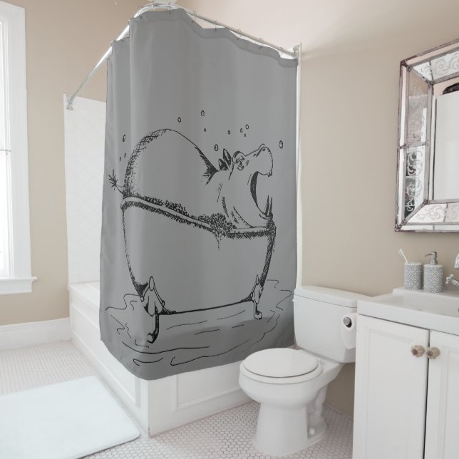 Hippo Bath Fun Illustration Grey Black Shower Curtain (In Situ)