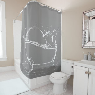 Hippo Bath Fun Illustration Grey White Shower Curtain