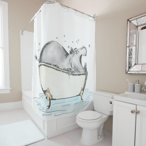Hippo Bath Fun Illustration Watercolor Shower Curtain
