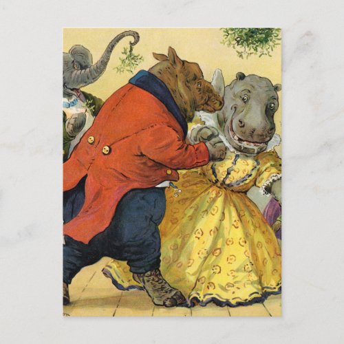 Hippo  Bear at the Christmas Ball in Animal Land Holiday Postcard