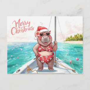 Hippo Bikini Christmas Sailling Holiday Postcard