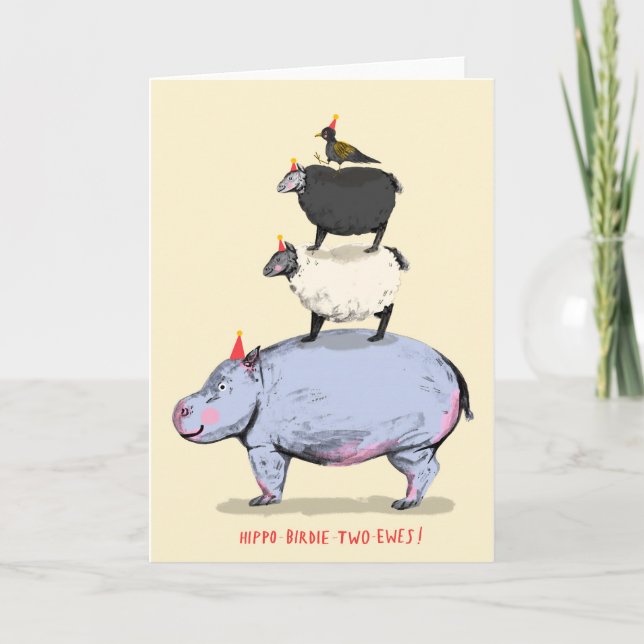 Hippo, Birdie, Two Ewes! Birthday Card (Front)