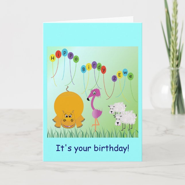 Hippo, Birdy, 2 Ewe Birthday Card (Front)