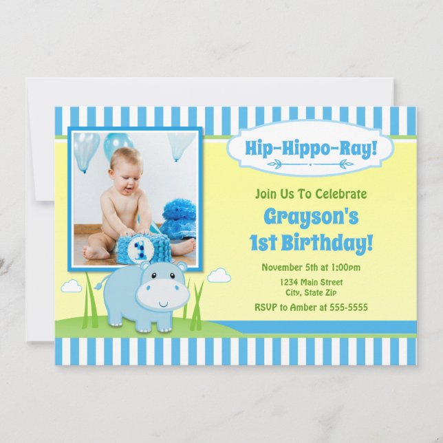 Hippo Birthday Invitation, Blue Hippo Boy Invitation (Front)