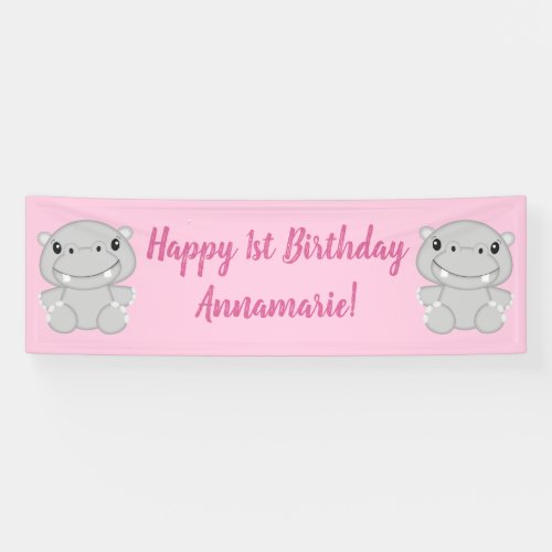 Hippo Birthday Party Pink Banner