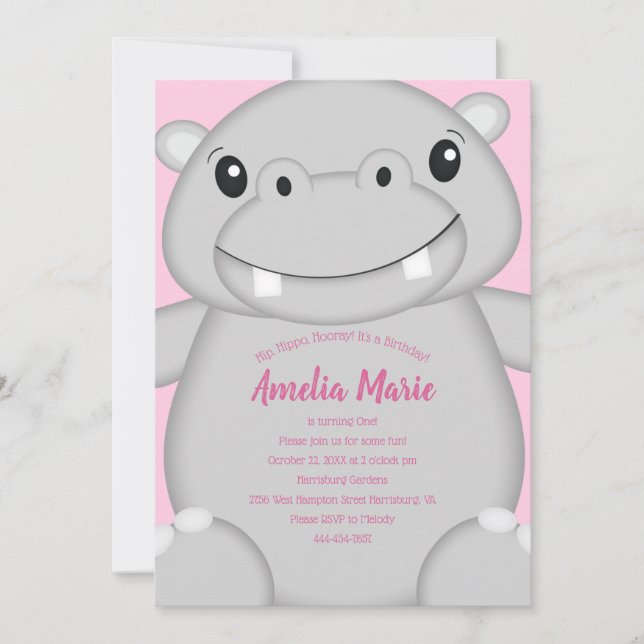 Hippo Birthday Party Pink Invitation (Front)