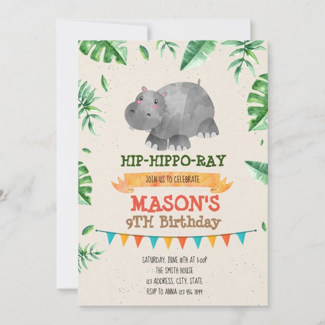 Hippo birthday party theme invitation (Front)