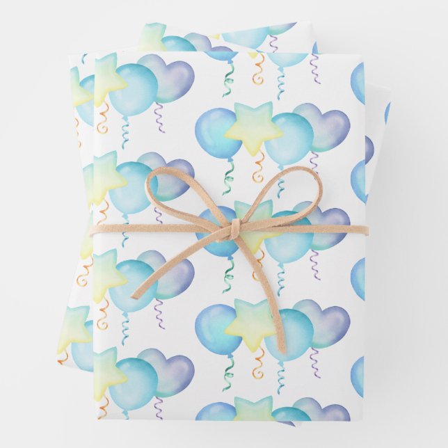 Hippo Birthday soft blue balloon gift  Wrapping Paper Sheets (In situ)