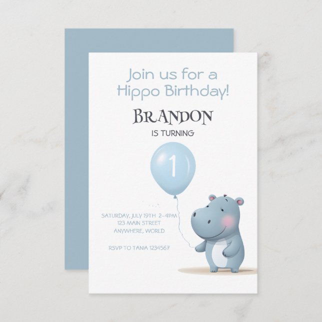 Hippo Birthday soft blue simple invitation (Front/Back)