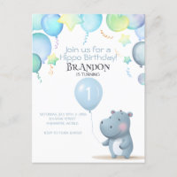 Hippo Birthday soft blue simple invitation