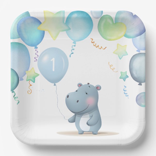 Hippo Birthday soft blue simple napkins Paper Plates (Front)