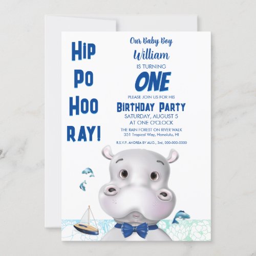 Hippo Blue Boy Birthday Invitation