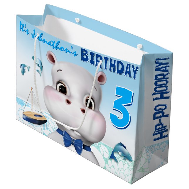 Hippo Blue Boy Birthday Large Gift Bag (Front Angled)