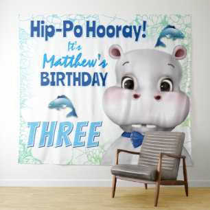 Hippo Blue Fish Boy Birthday Backdrop