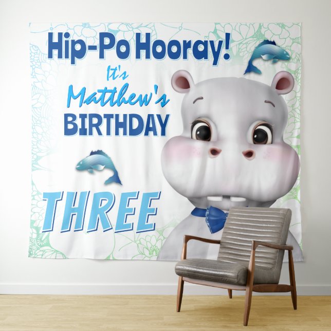 Hippo Blue Fish Boy Birthday Backdrop (In Situ (Horizontal))