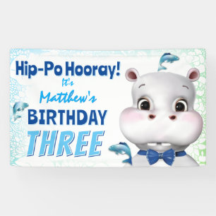 Hippo Blue Fish Boy Birthday Banner