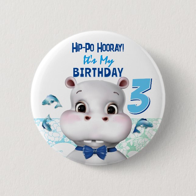 Hippo Blue Fish Boy Birthday Button (Front)