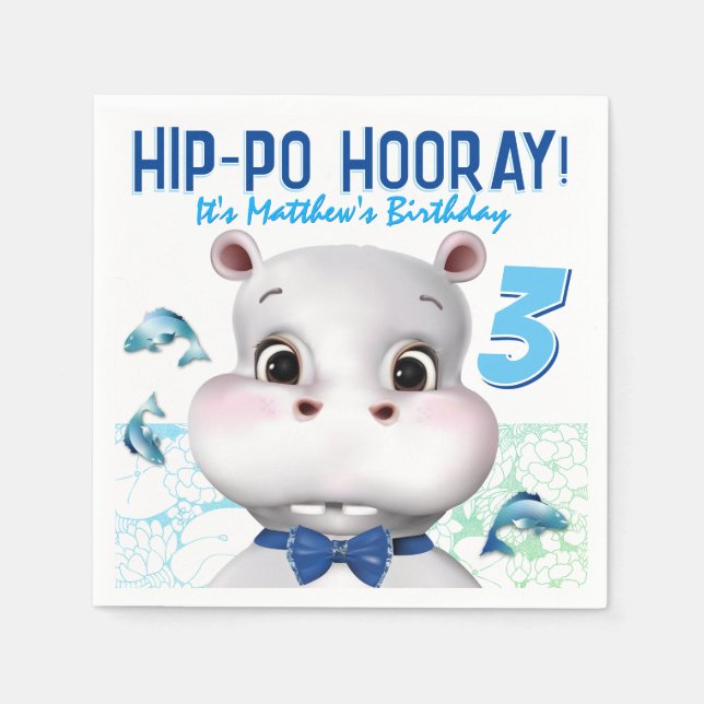 Hippo Blue Fish Boy Birthday Napkins (Front)