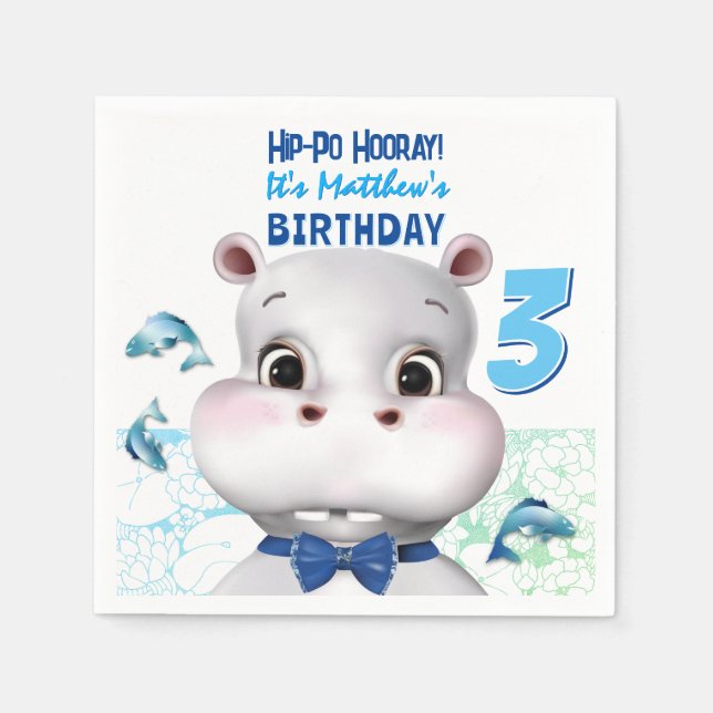 Hippo Blue Fish Boy Birthday Napkins (Front)