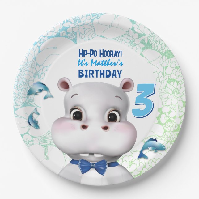 Hippo Blue Fish Boy Birthday Paper Plates (Front)