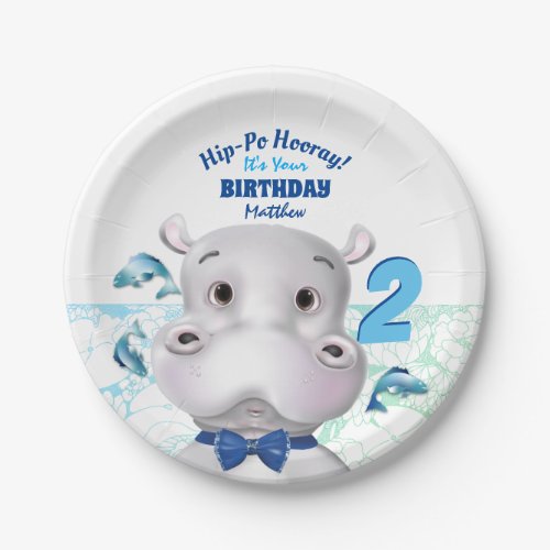 Hippo Blue Fish Boy Birthday Paper Plates
