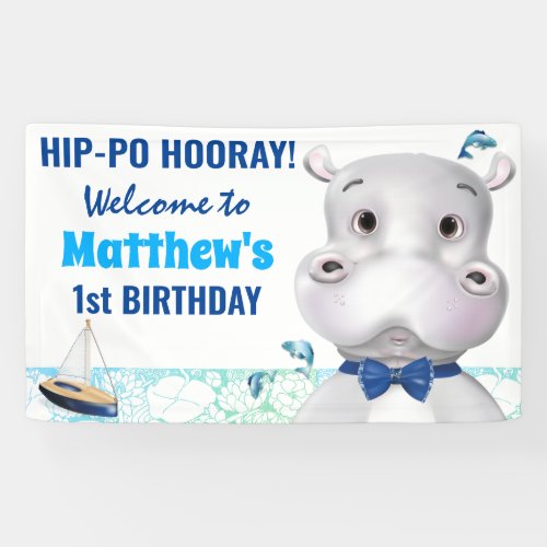 Hippo Blue Fish Boy Birthday Party Banner