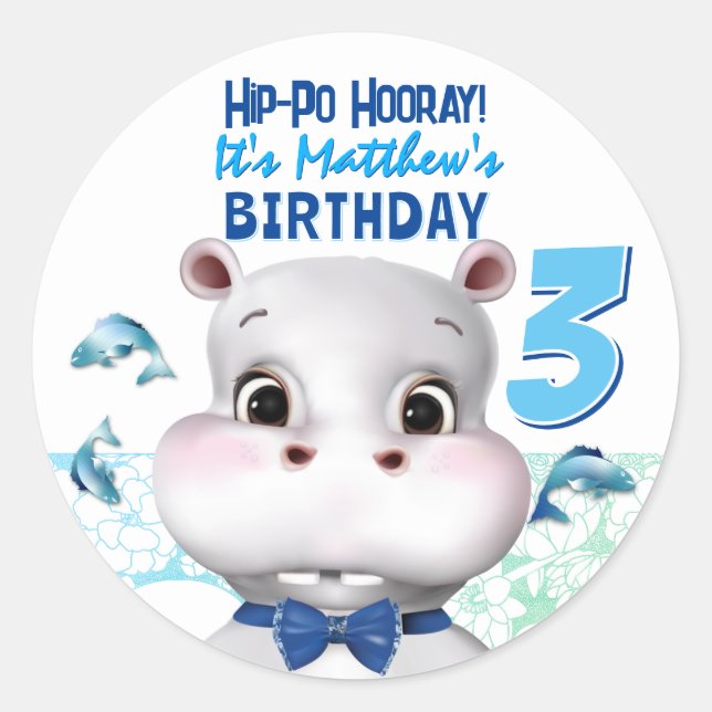 Hippo Blue Fish Boy Birthday Thank You Classic Round Sticker (Front)