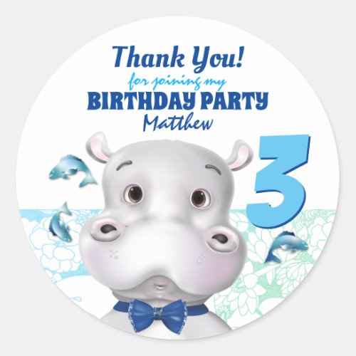 Hippo Blue Fish Boy Birthday Thank You Classic Round Sticker