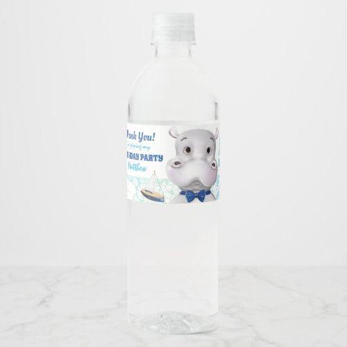 Hippo Blue Fish Boy Birthday Thank You Water Bottle Label