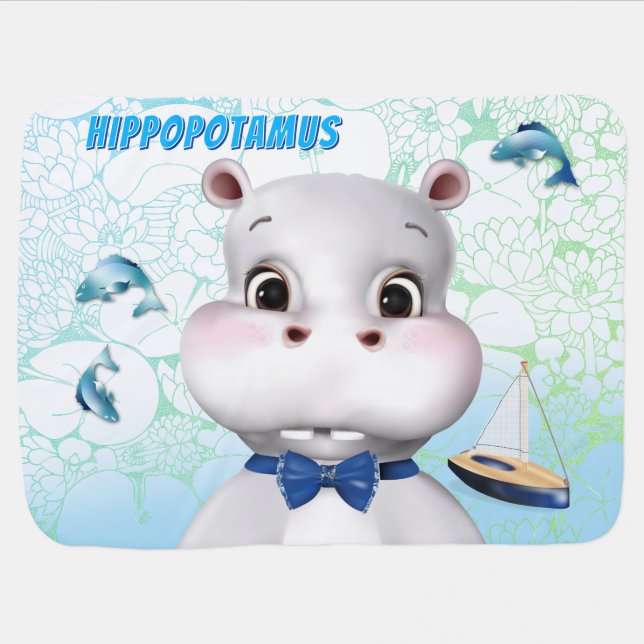 Hippo Blue Fish Kids Baby Blanket (Horizontal)
