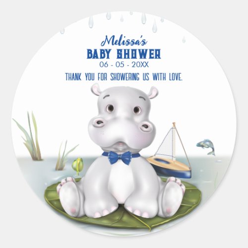 Hippo Boy Baby Shower Classic Round Sticker