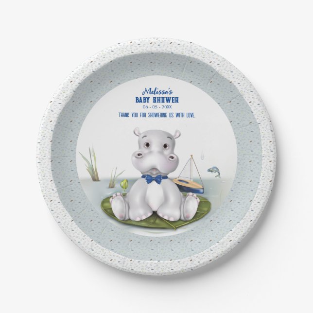 Hippo Boy Baby Shower Paper Plates (Front)