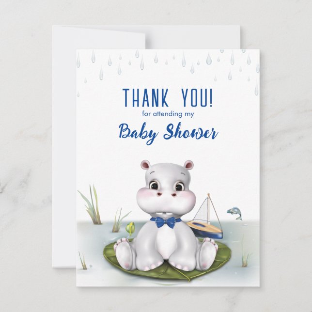 Hippo Boy Baby Shower Thank You Note Card (Front)