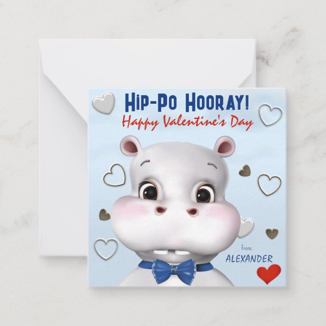 Hippo Boy Blue Classroom Valentine's Day Note Card (Front)