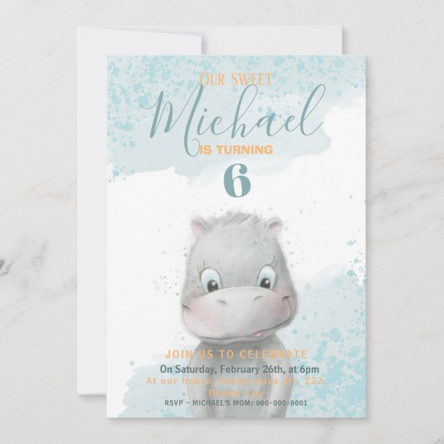 Hippo boy's birthday party invitation 2 backgr (Front)