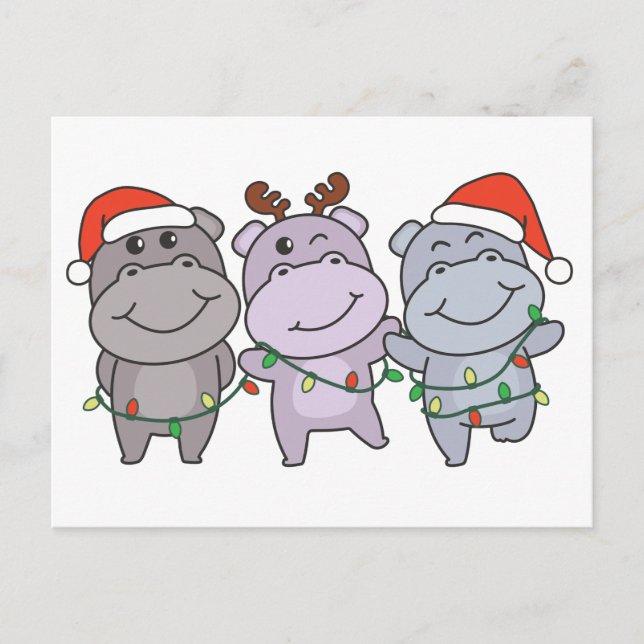 Hippo Christmas Animals Cute Hippos Holiday Postcard (Front)