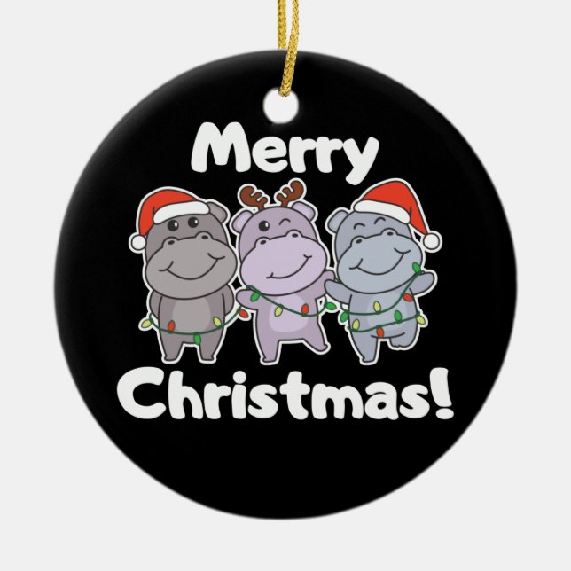 Hippo Christmas Animals Cute Hippos Merry Ceramic  Ornament (Front)