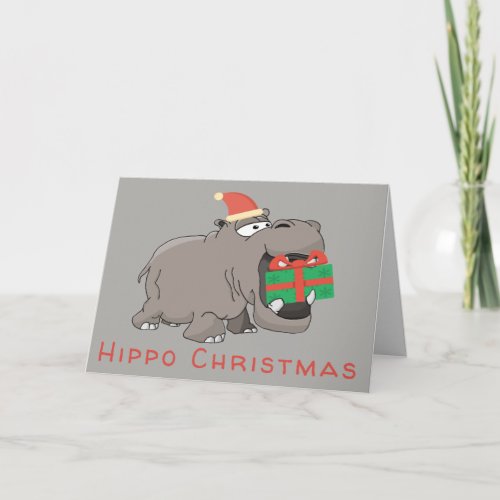 Hippo Christmas Green Gift Holiday Card