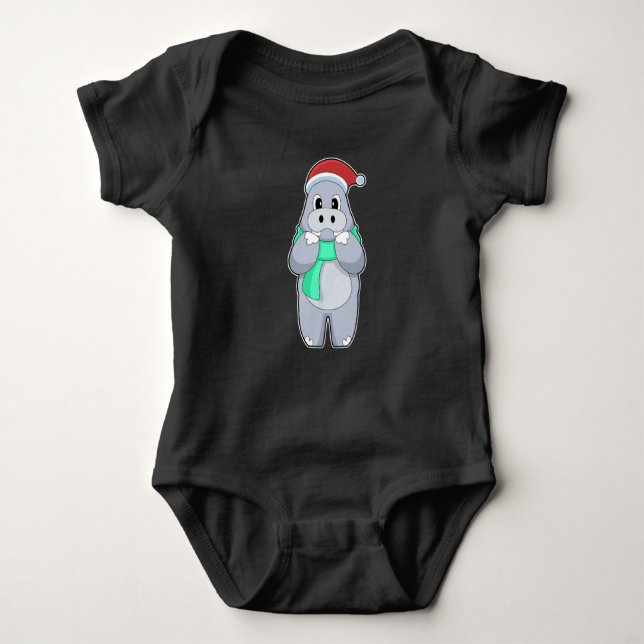 Hippo Christmas Scarf Baby Bodysuit (Front)