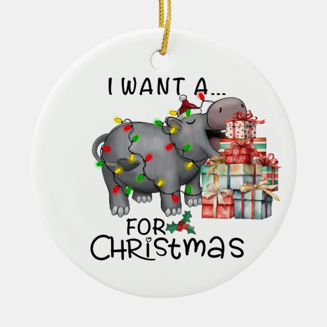 Hippo Christmas Themed for Animal Lovers Ceramic Ornament (Front)