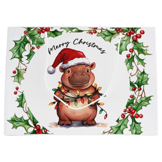 Hippo Christmas Themed for Animal Lovers Large Gift Bag (Front)