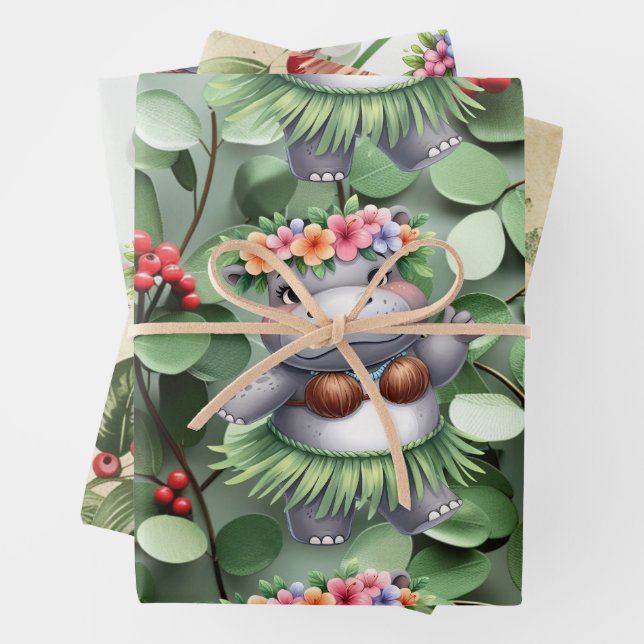 Hippo Christmas Themed for Animal Lovers Wrapping Paper Sheets (In situ)