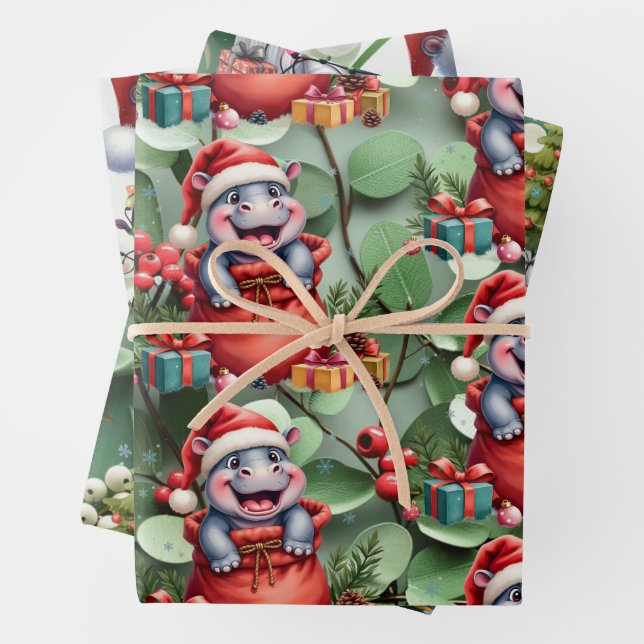 Hippo Christmas Themed for Animal Lovers Wrapping Paper Sheets (In situ)