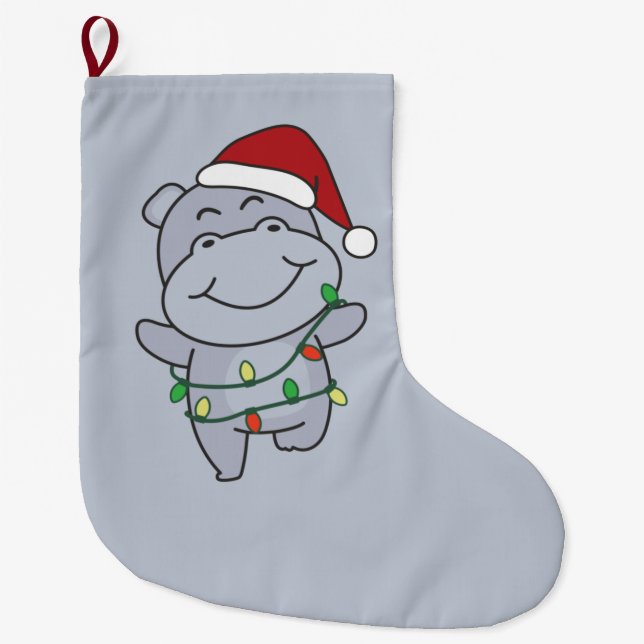 Hippo Christmas Winter Animals Hippos Large Christ Large Christmas Stocking (Front)