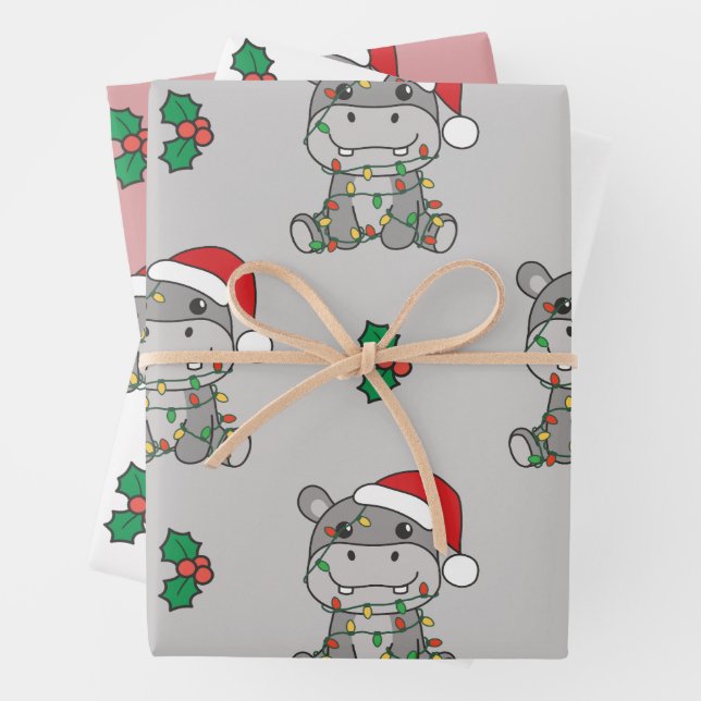 Hippo Christmas Winter Animals Holiday Hippos Wrapping Paper Sheets (In situ)