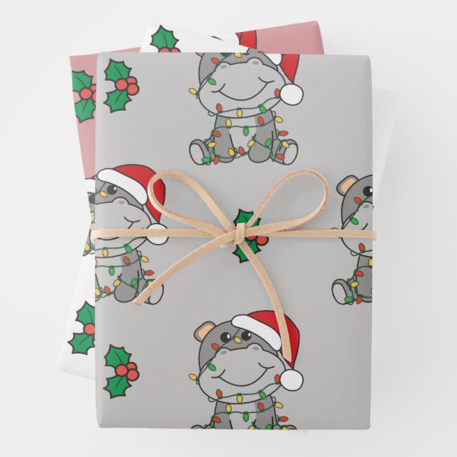 Hippo Christmas Winter Animals Holiday Hippos Wrapping Paper Sheets (In situ)